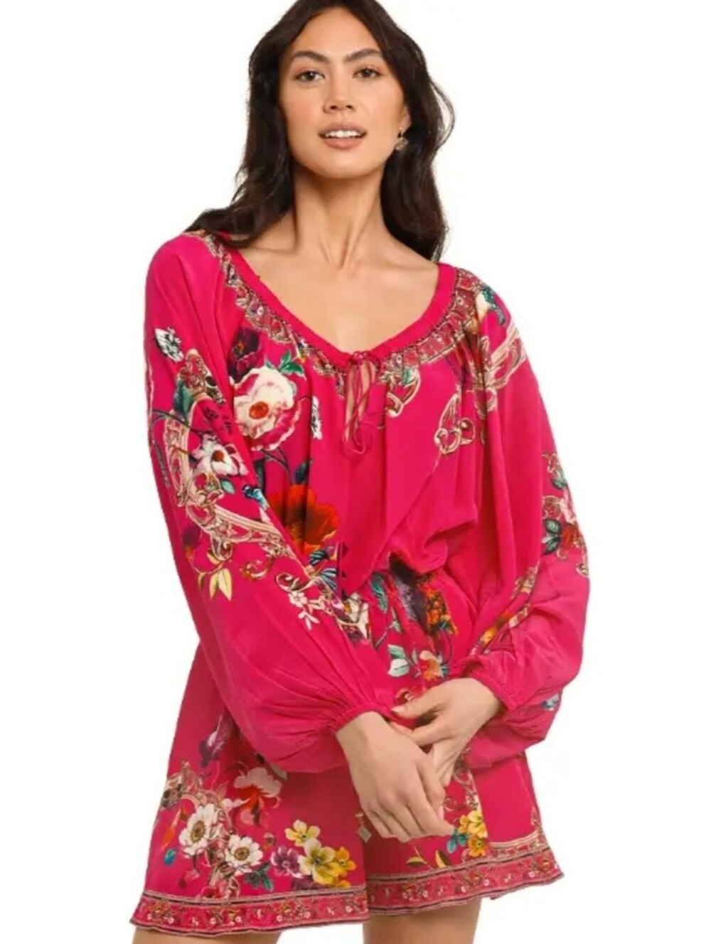 Camilla Drop Shoulder Frill Playsuit Apple Eyed Silk New Fuscia Hot Pink Stunnin